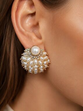 White Pearl Cluster Statement Earrings